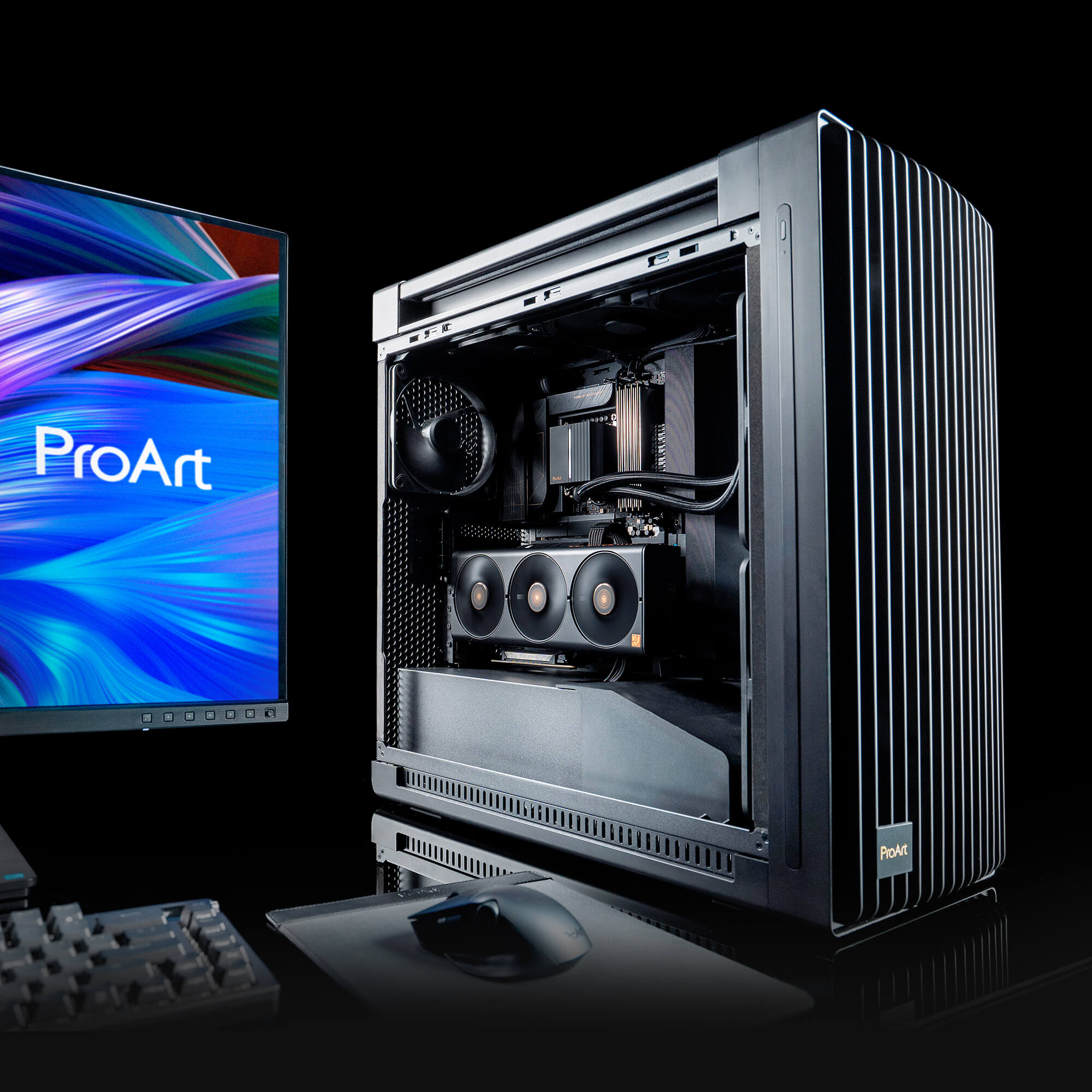 ProArt PA602 PC build with ProArt display, mouse, mouse pad and a keyboard