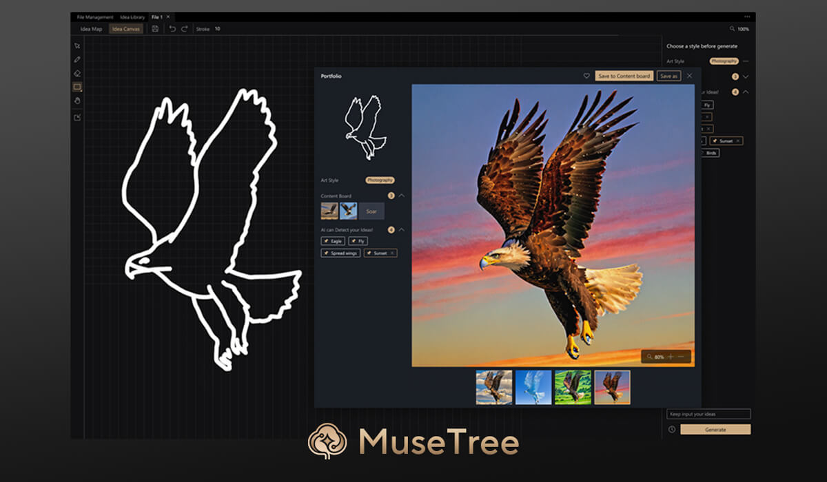 Digital art software interface displaying a drawing of an eagle on the left and a colored image of an eagle in flight on the right, with various editing tools and options