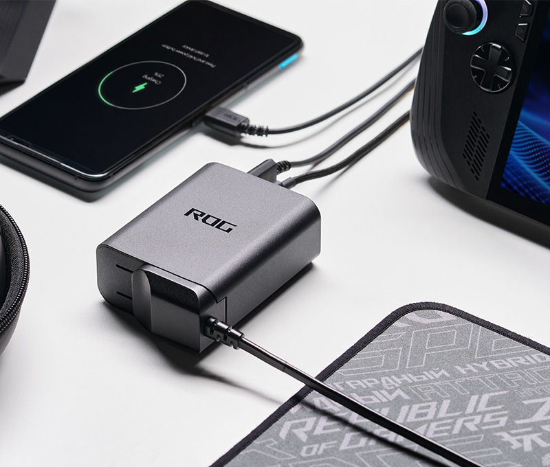 An ROG 240W USB-C Cable highlighted with a built-in E-Marker chip.