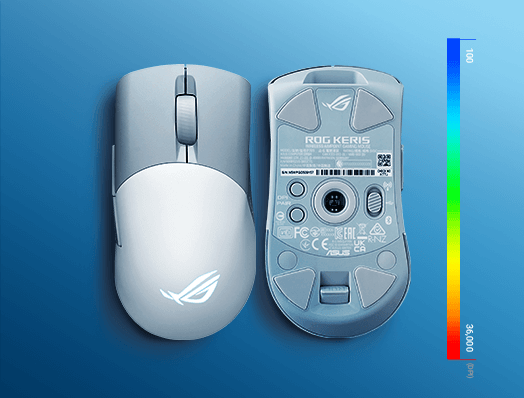 Вигляд спереду та ззаду білої миші ROG Keris Wireless AimPoint із кольоровим спектром RGB збоку