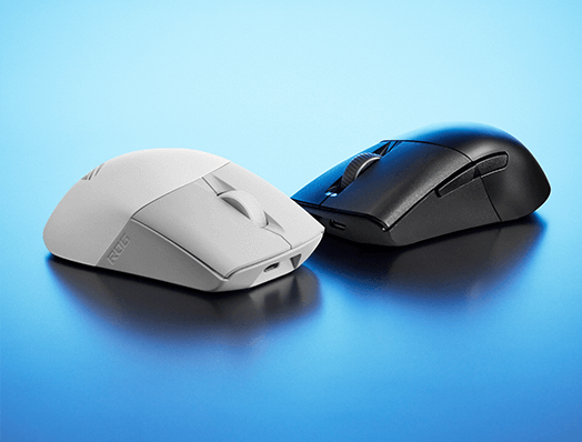 Mysz ROG Keris Wireless AimPoint w kolorze czarnym i białym z pokazanymi przyciskami lewym i prawym z tworzywa PBT