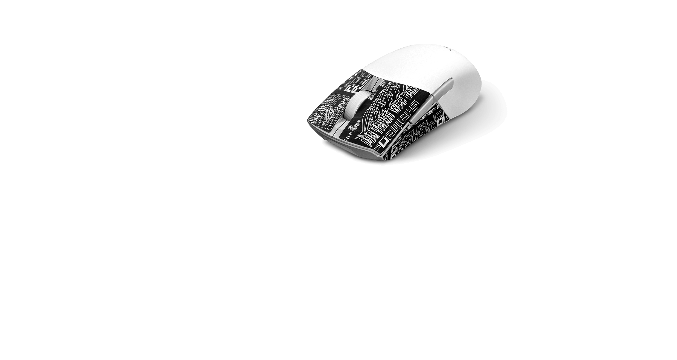 Eine weißer ROG Keris Wireless AimPoint mit ROG-gemustertem Grip Tape