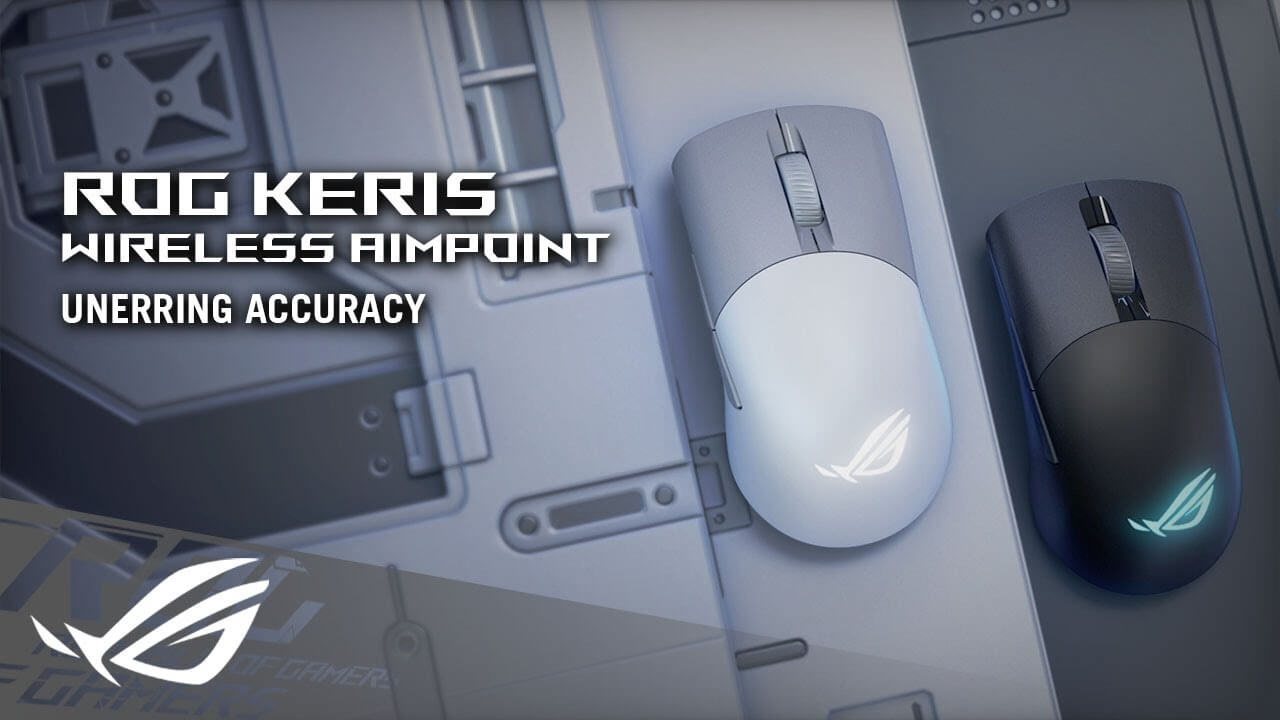 The black and white ROG Keris Wireless AimPoint set on a surface