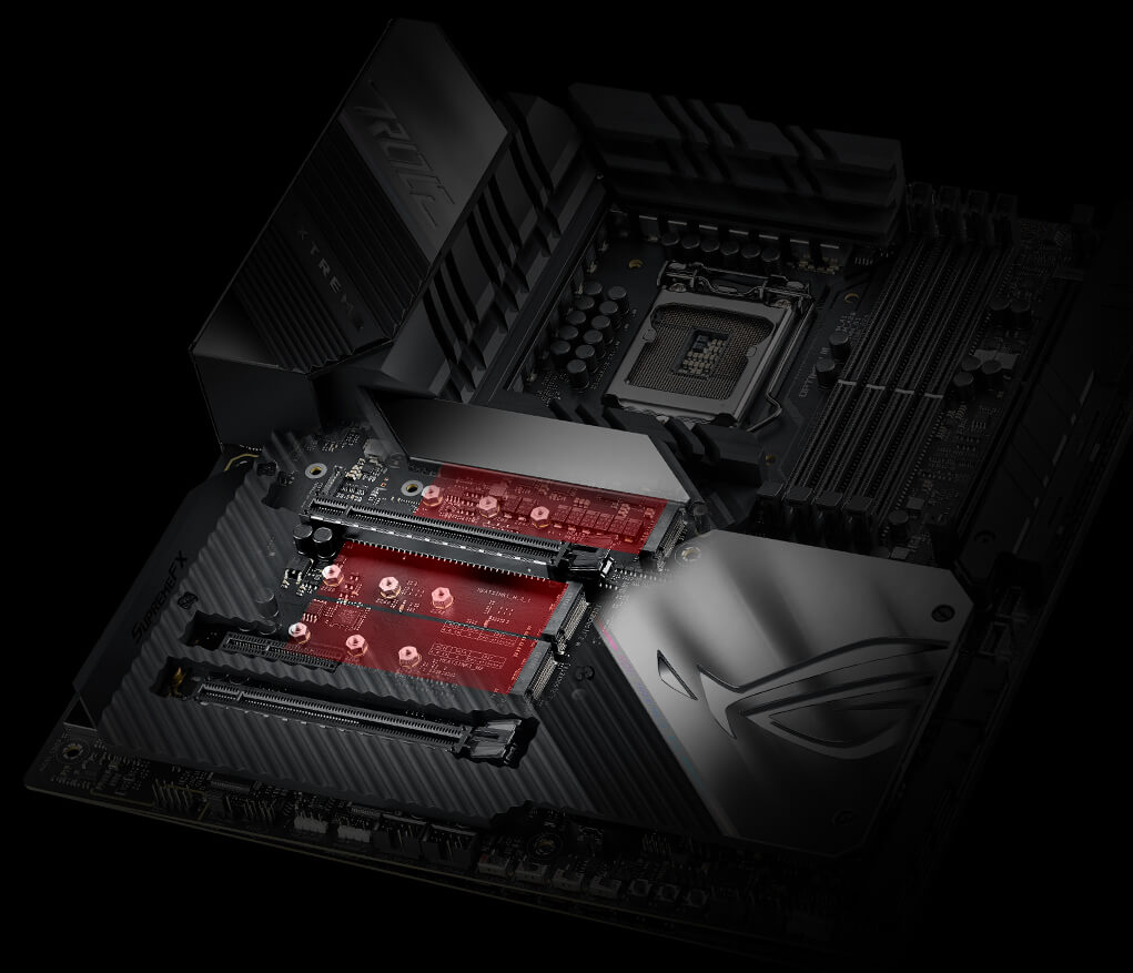 ROG Maximus XIII Extreme with three onboard M.2 slots highlighted