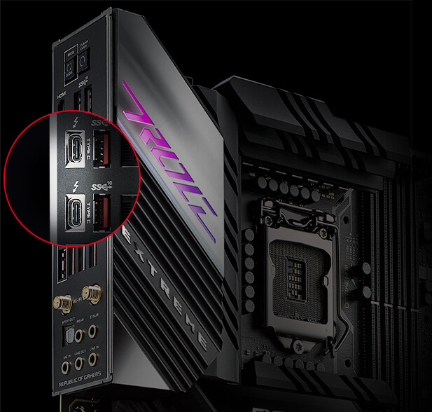Closeups of ROG Maximus XIII Extreme motherboard with highlighted onboard Thunderbolt 4 USB Type-C ports