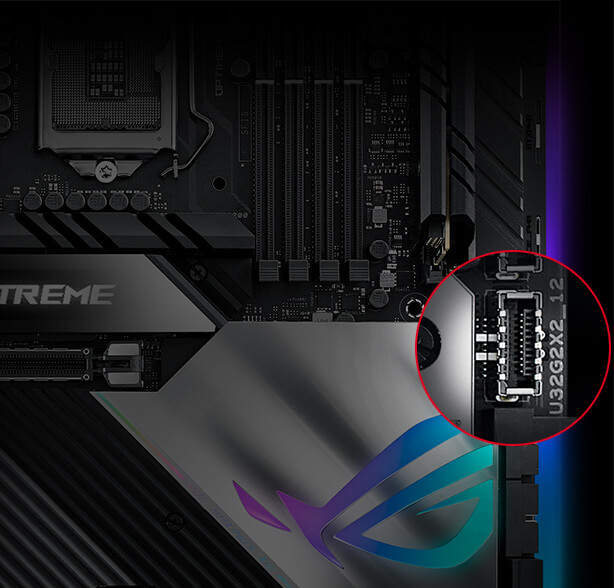 Closeups of ROG Maximus XIII Extreme motherboard with highlighted USB 3.2 Gen 2 front-panel connectors