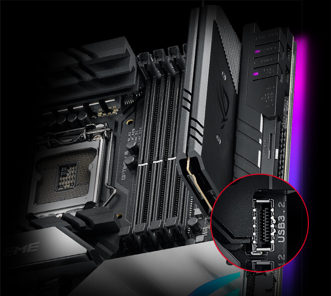 Closeups of ROG Maximus XIII Extreme motherboard with highlighted USB 3.2 Gen 2 front-panel connectors