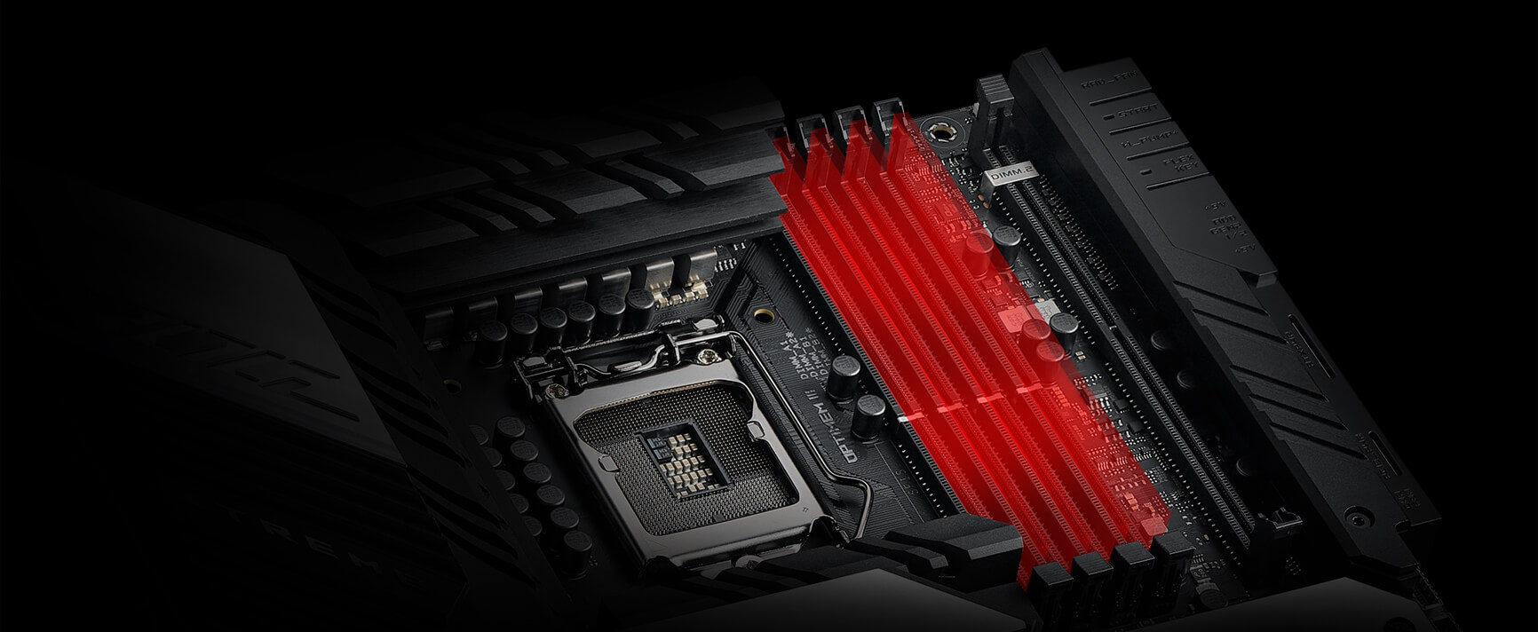 Closeup of ROG Maximus XIII Extreme with memory module slots highlighted