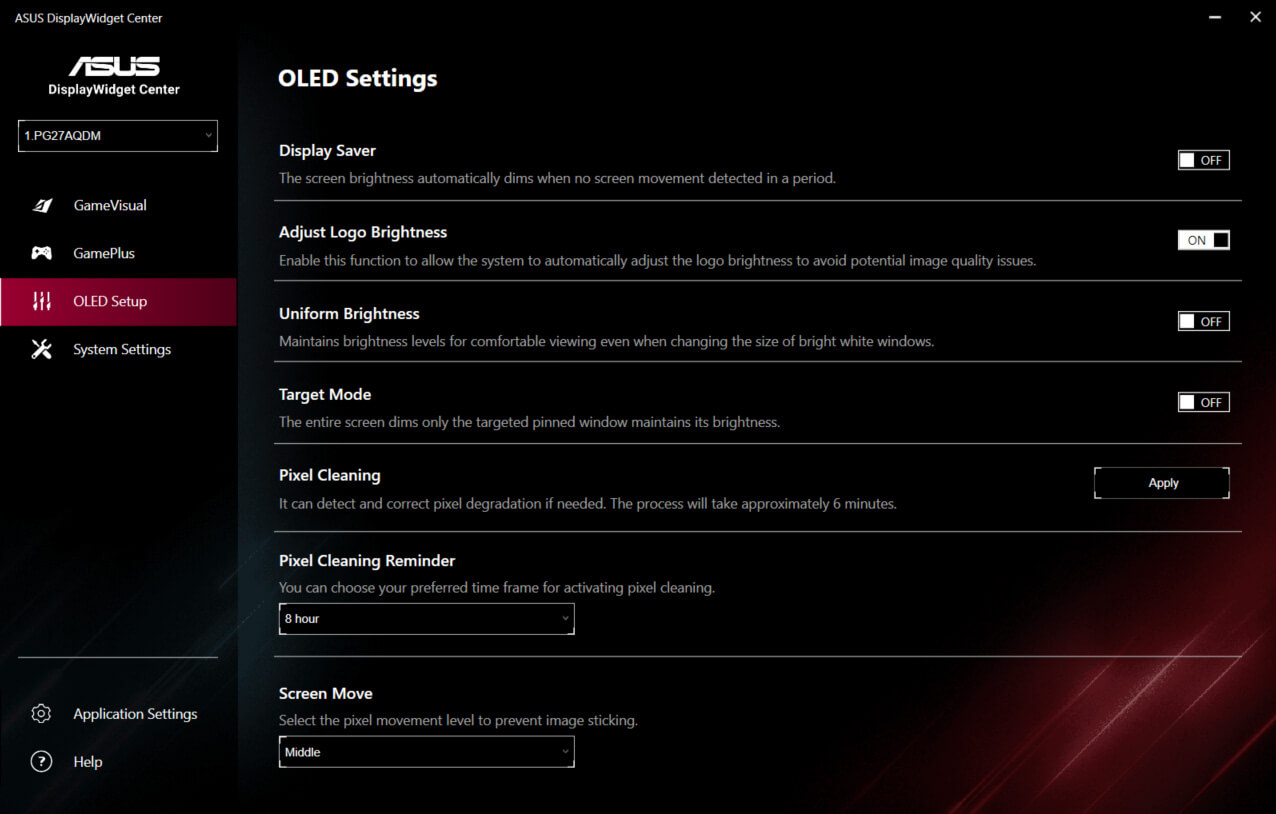 Az OLED PG27AQDM védelméhez többféle eszköz (képernyővédő, pixeltisztítás, képmozgatás stb.) áll rendelkezésre.