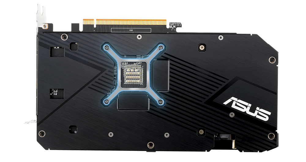 Rückseite der Dual Radeon™ RX 6650 XT, mit Blick auf die GPU-Halterung