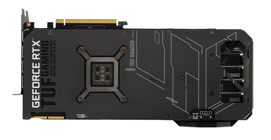 Rückansicht der TUF Gaming GeForce RTX 3090 Ti Grafikkarte.