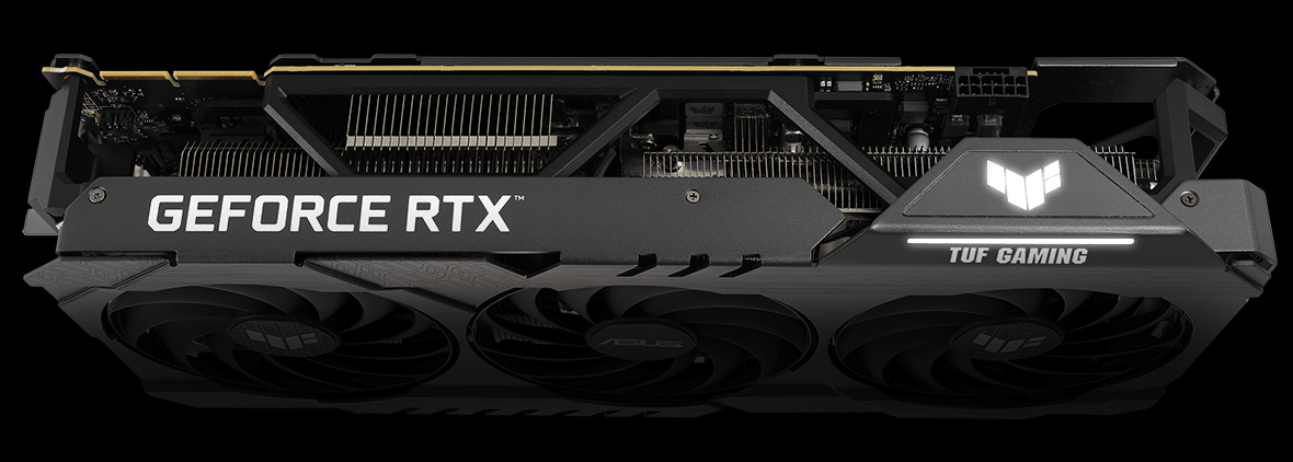 Draufsicht auf die TUF Gaming GeForce RTX 3090 Ti Grafikkarte.