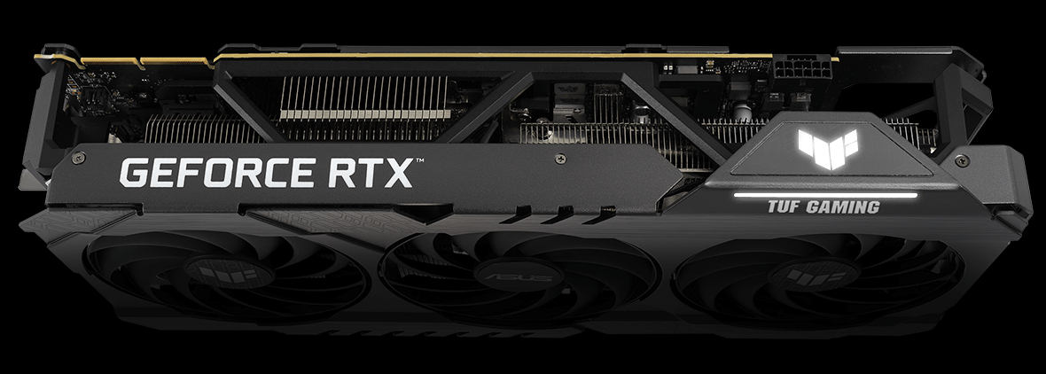 Predný pohľad na grafickú kartu TUF Gaming GeForce RTX 3090 Ti.