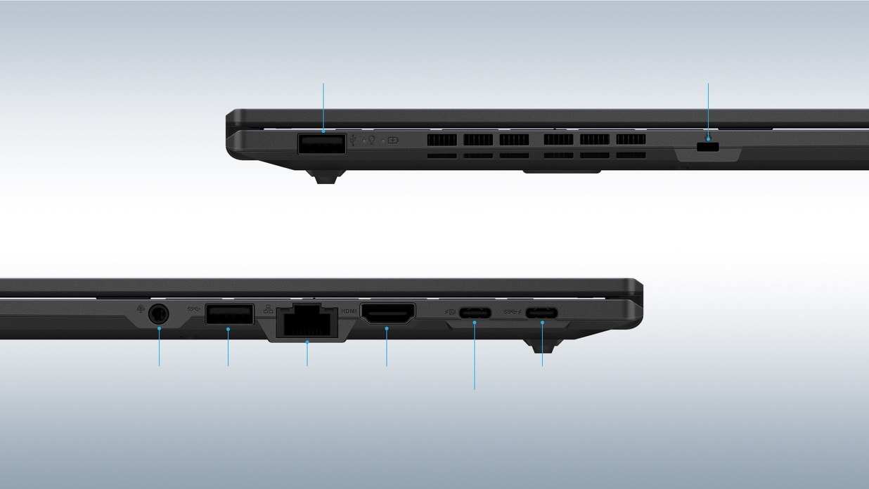There are side views of two laptops. The right one from left to right, is showing a USB 2.0 Type-A and a Kensington nano lock. The left laptop from left to right shows an audio combo jack, a USB 3.2 Gen1 Type-A, a RJ45, an HDMI, two USB 3.2 type-c ports. 