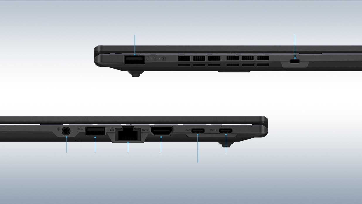 There are side views of two laptops. The right one from left to right, is showing a USB 2.0 Type-A and a Kensington nano lock. The left laptop from left to right shows an audio combo jack, a USB 3.2 Gen1 Type-A, a RJ45, an HDMI, two USB 3.2 type-c ports.