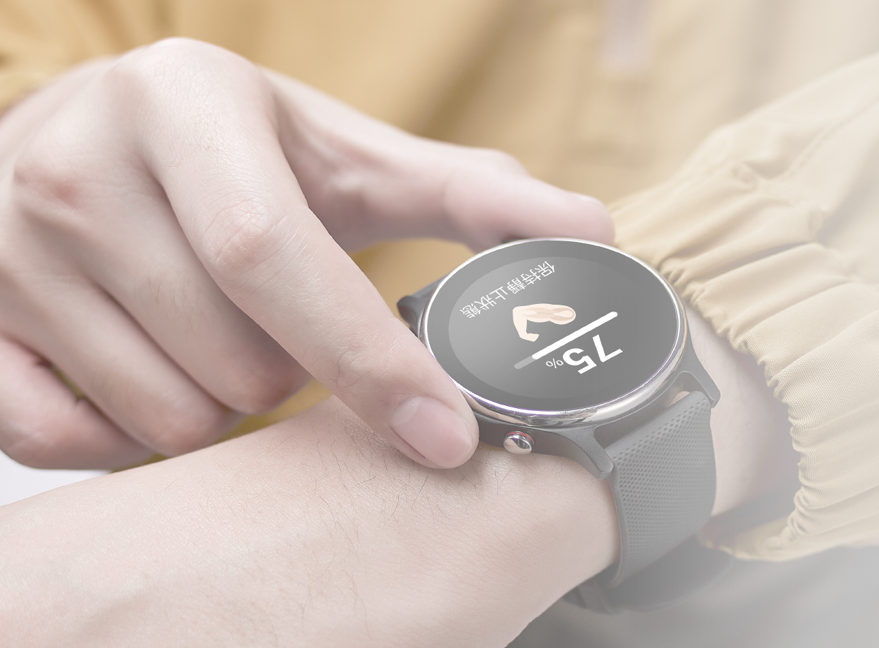 A man's finger is touching smart watch to measure health data