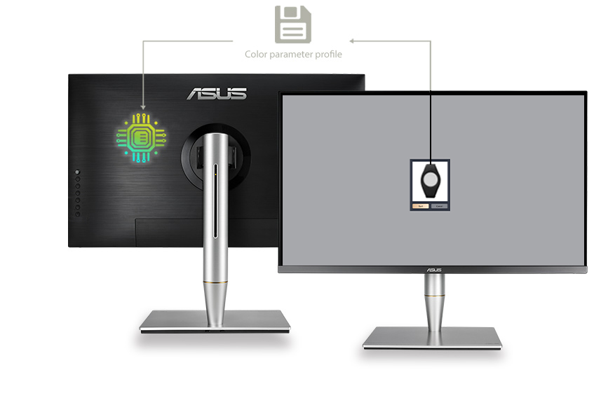La technologie ASUS ProArt™ Calibration sauvegarde tous les profils de paramétrage sur la puce du circuit intégré de l'écran au lieu de l'ordinateur. Vous pouvez ainsi brancher le moniteur ProArt à différents appareils sans avoir à changer sans arret ses paramètres.