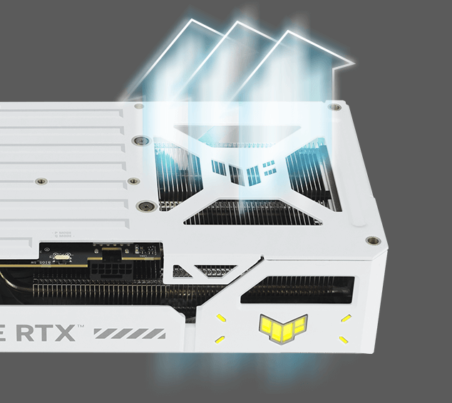 Gráfico que mostra como o fluxo de ar passa pelo exoesqueleto ventilado da TUF Gaming RTX 5070 Ti White Edition