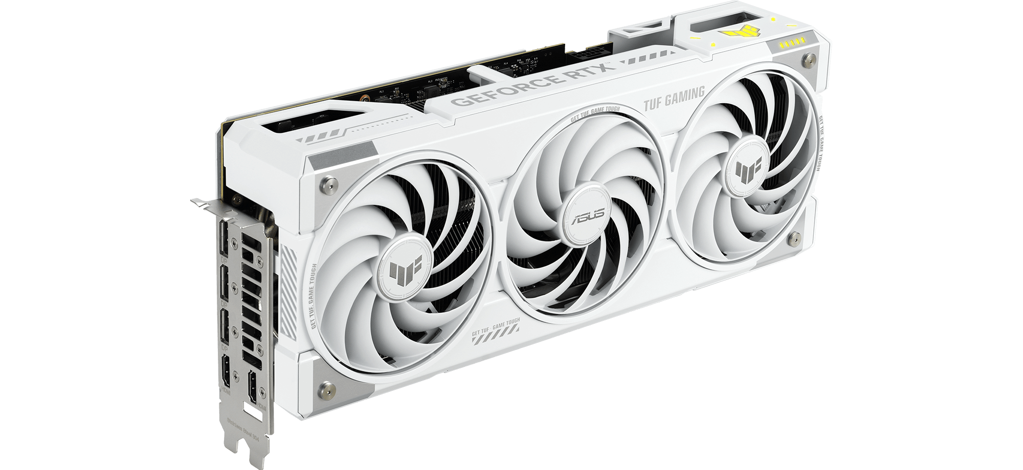 Vista frontal em ângulo da GeForce RTX 5070 Ti White Edition da TUF Gaming mostrando ventoinhas triplas e iluminação ARGB