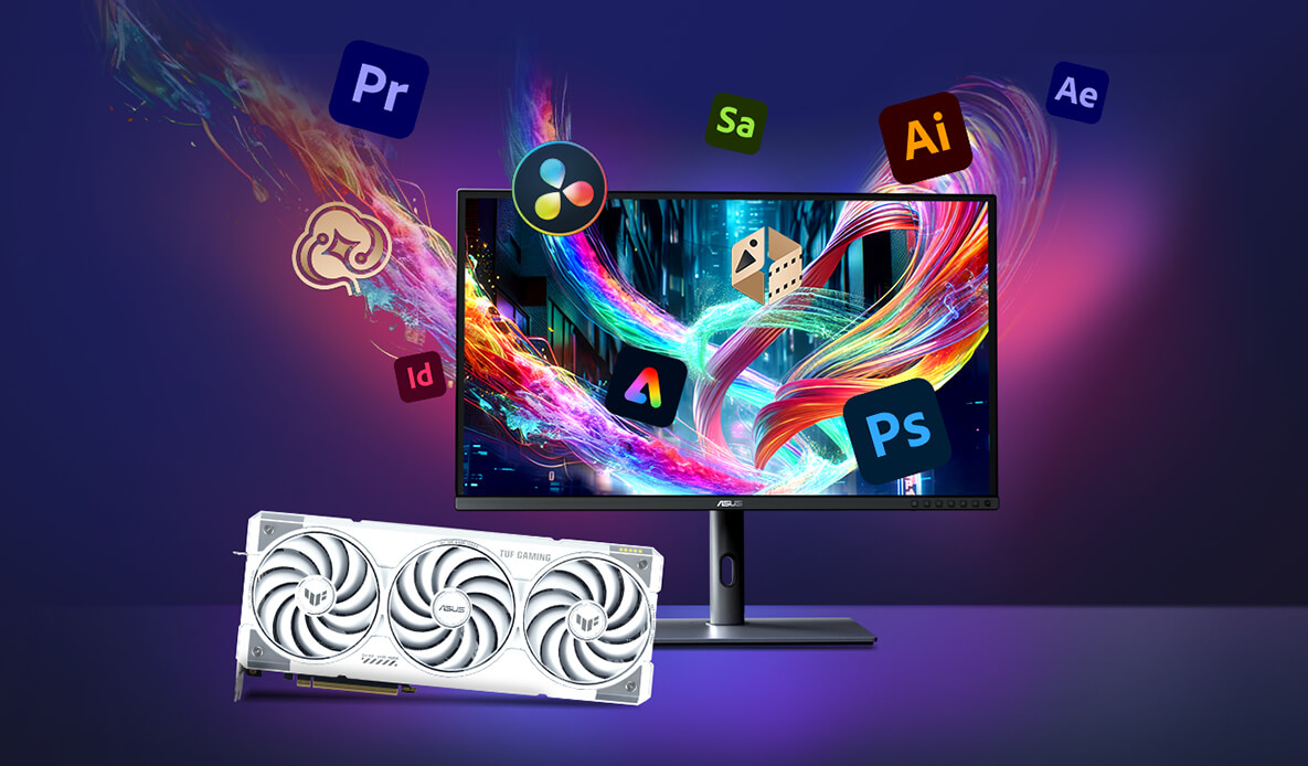 Monitor e placa de vídeo TUF Gaming GeForce RTX 5070 Ti White Edition em uma mesa, com logotipos de produtos Adobe flutuando ao redor do monitor