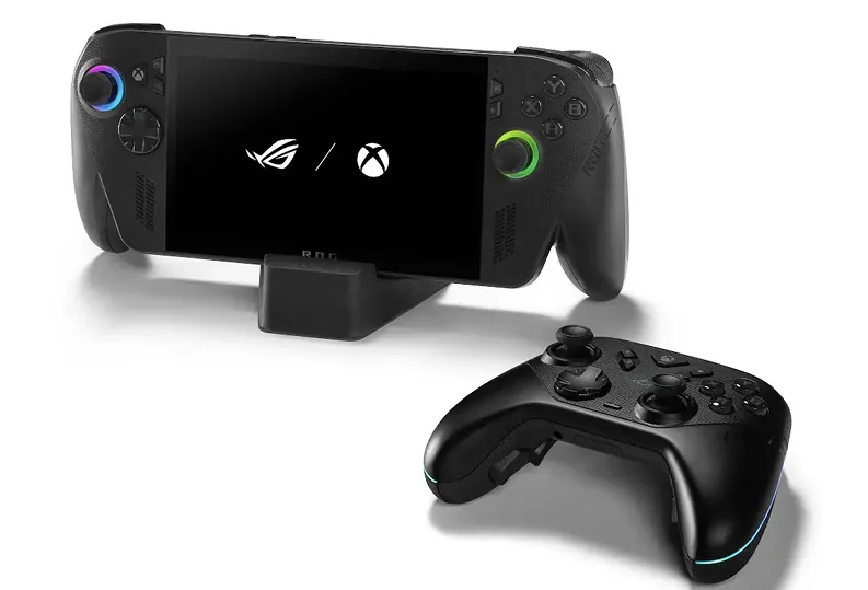 An ROG Xbox Ally X on a black stand, next to an ROG Raikiri II Xbox Wireless controller.