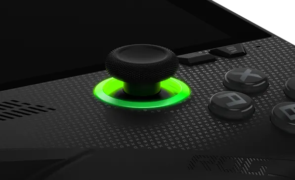 An extreme close up of a joystick on the ROG Xbox Ally X, with emphasis on the green RGB ring around it.