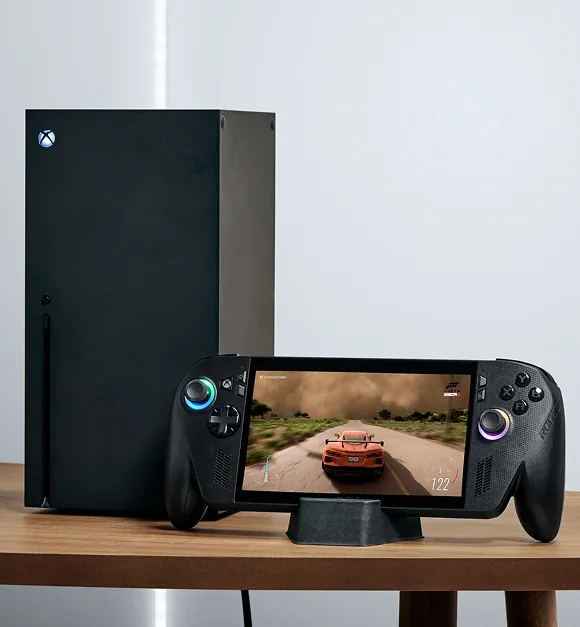 An ROG Xbox Ally and an Xbox Series X sitting on a table, both with stylized green “Wi-Fi” signals above the devices.
