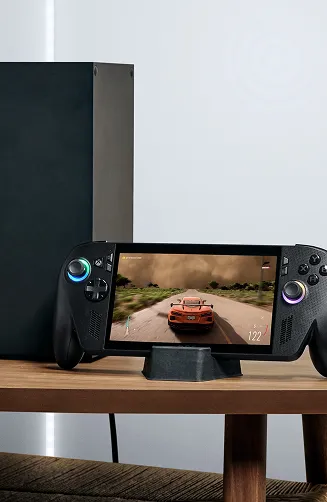 An ROG Xbox Ally and an Xbox Series X sitting on a table, both with stylized green “Wi-Fi” signals above the devices.