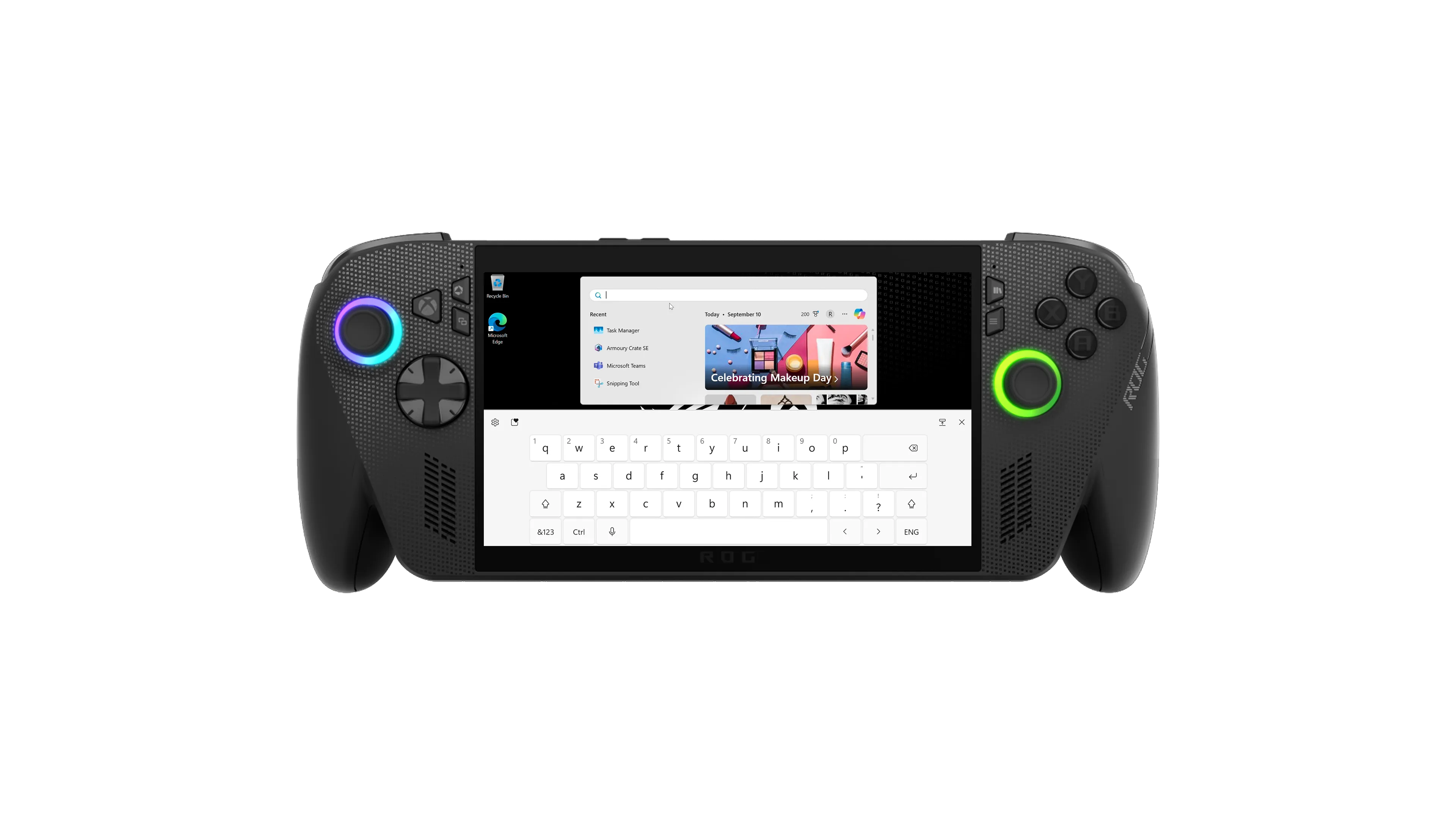 The ROG Xbox Ally X, with the on-screen touchscreen keyboard open, and a user typing text into the Windows desktop.