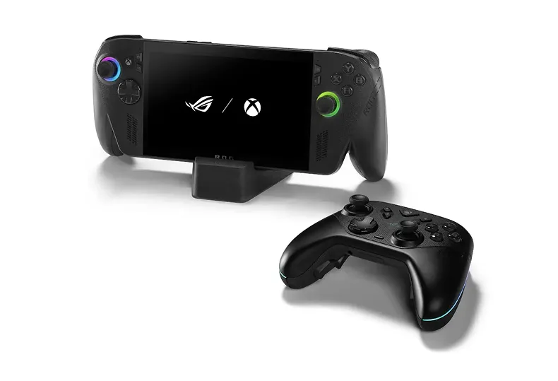 An ROG Xbox Ally X on a black stand, next to an ROG Raikiri II Xbox Wireless controller.