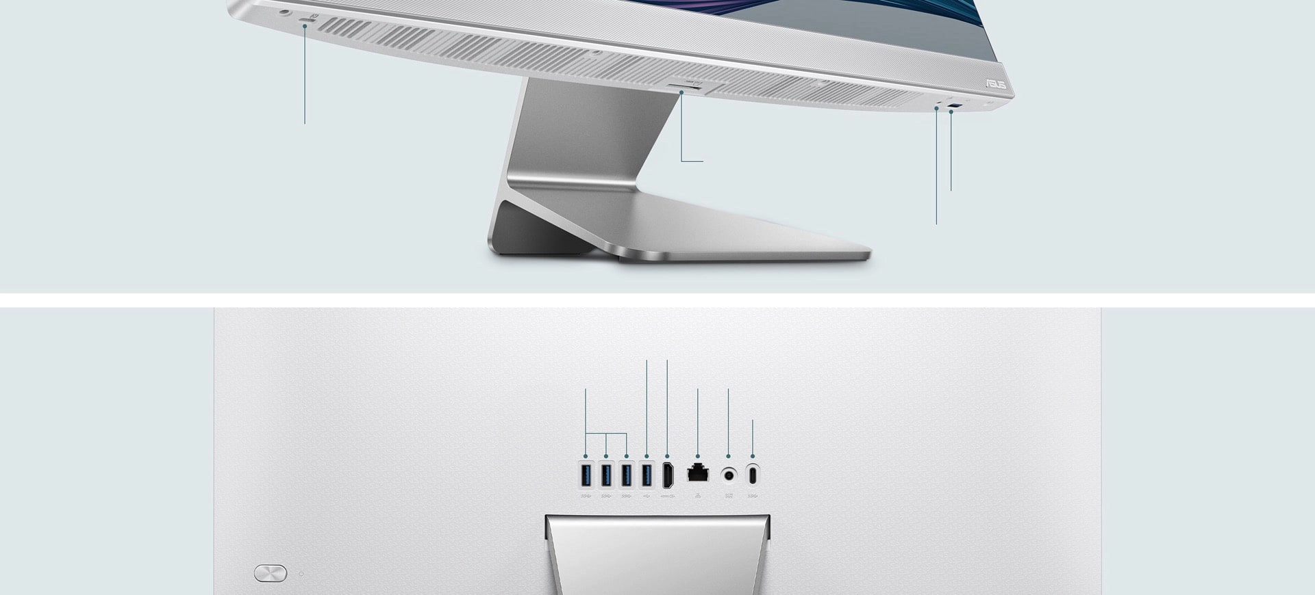 Two close-ups of ASUS E3202WVA. From top to bottom, these show: the screen tilted upward to reveal the I/O port on the side; and the I/O port on the back.