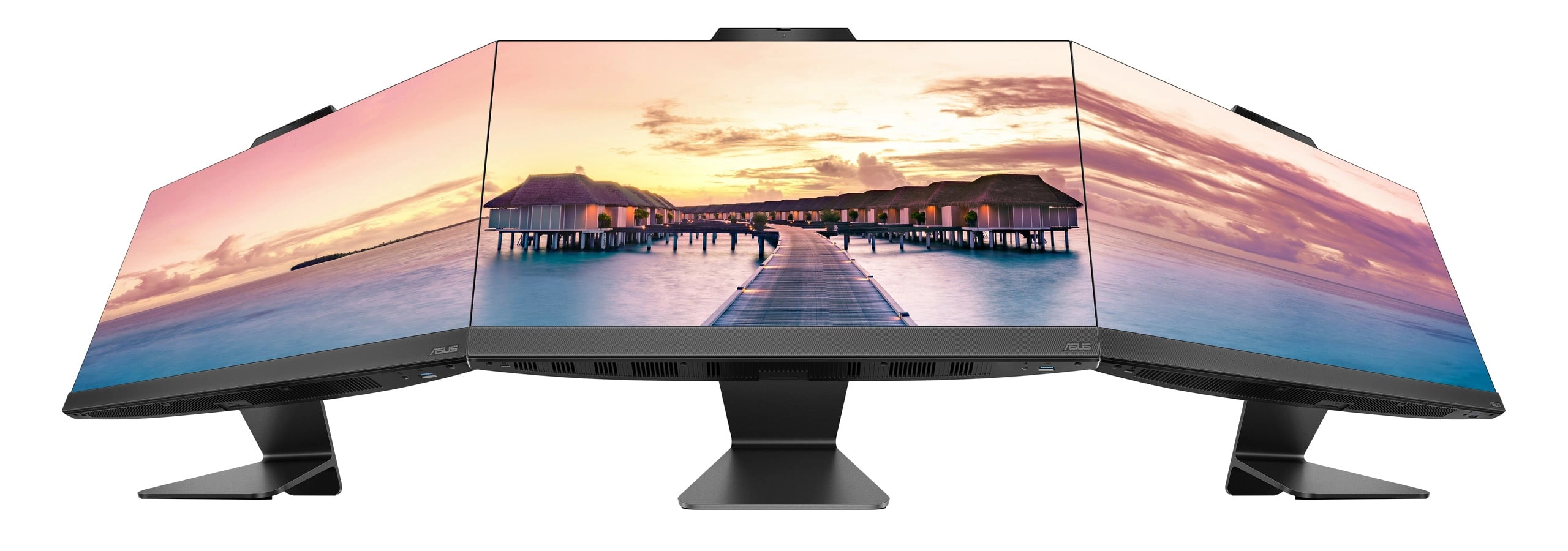 Three ASUS E3202WVA s are shown side by side, with the displays touching to show a panorama of a scenery photo.