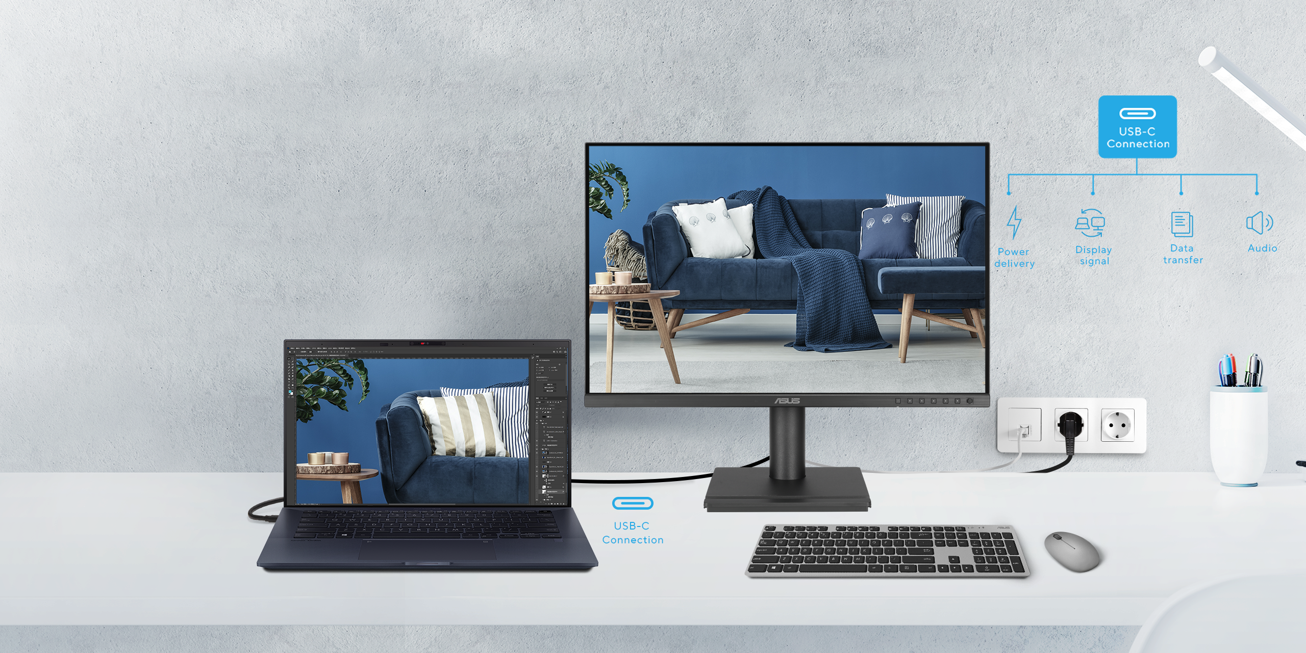 The USB-C port on the ASUS BE27ACGN monitor supports high-speed data transfers