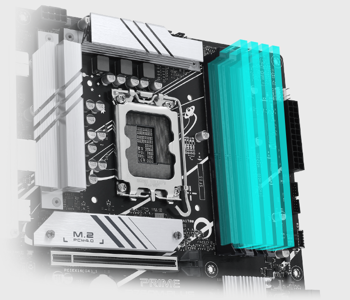 The PRIME B760M-PLUS comes along with ASUS Enhanced Memory Profile II (AEMP II) to train your memory kit and optimize clock speed to unleash DDR5 performance. Bar chart intro AEMP II profiles that offer up to 37.5% faster RAM speeds than baseline DDR5 specs.