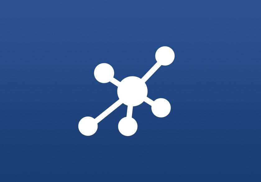 Blue molecular network icon on a white circular background