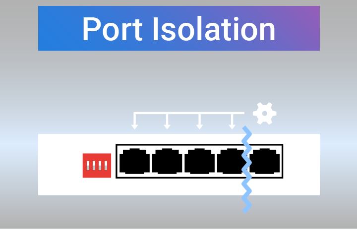 A picture shows how port isolation mode works. When activated, port 1 to 4 are isolated with each other, while communicable with port 5.