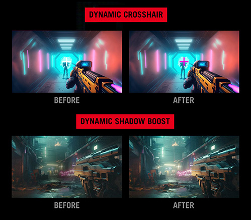 Uma cena de um jogo de tiros com uma mira no rival. Quando a mira dinâmica está ligada, a cor da mira muda para ser visível. Quando o Dynamic Shadow Boost está ligado, ilumina a área escura.