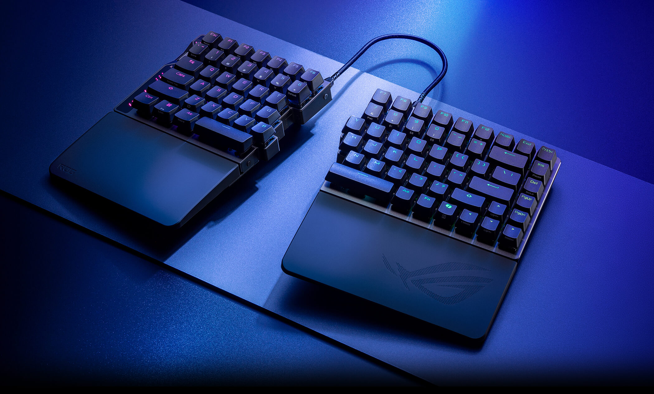 ROG Falcata placed on a surface with aesthetic ambient light