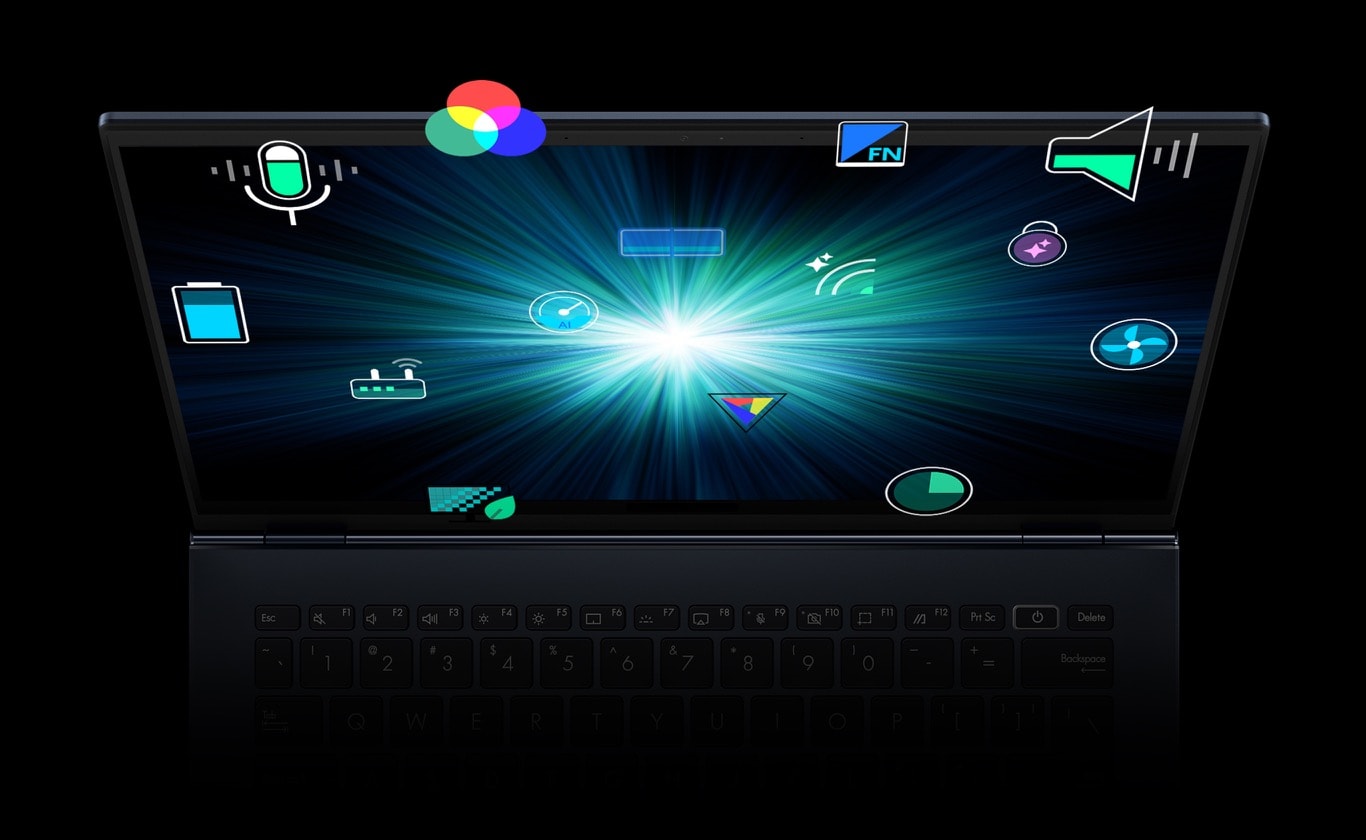 A laptop viewed from the front with a starburst graphic on the screen surrounded by app icons.  