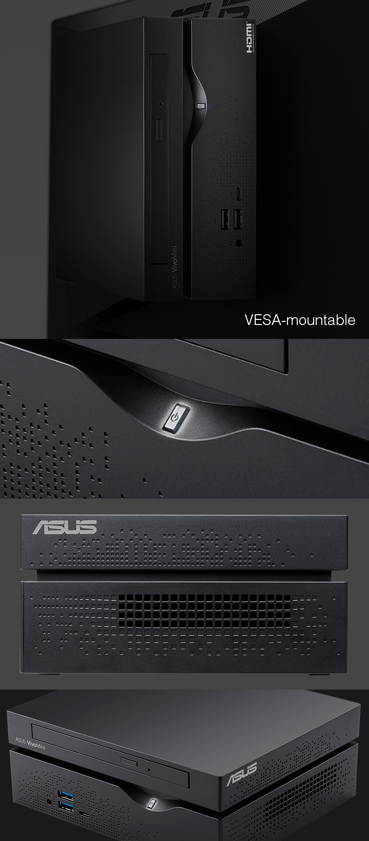 VESA-mountable, Ergonomically-designed power button, Cooling vents, Modern, stylish design