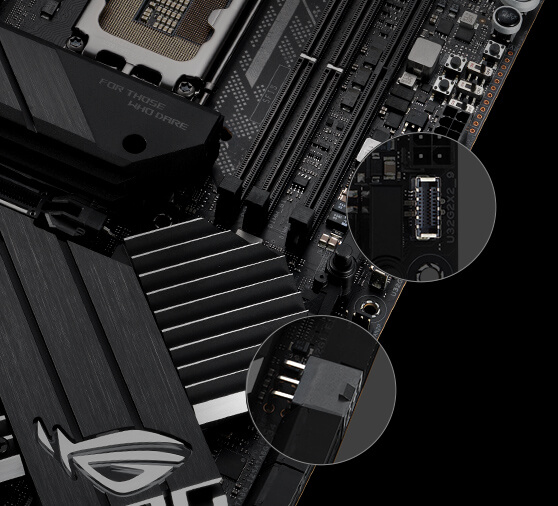 The ROG Maximus Z690 Apex motherboard features USB 3.2 Gen 2x2 front-panel connector with quick charge 4+