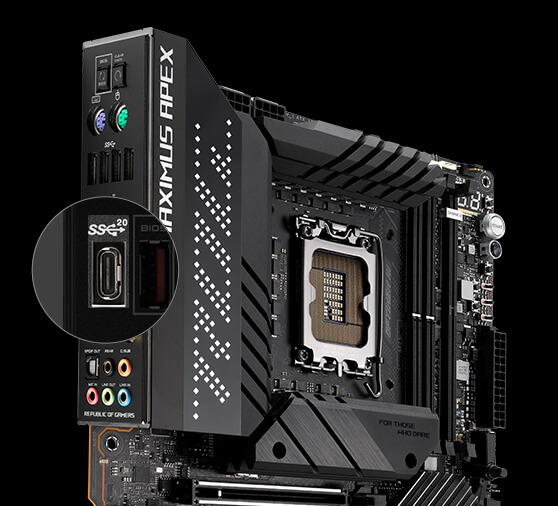 The ROG Maximus Z690 Apex motherboard features USB 3.2 Gen 2x2