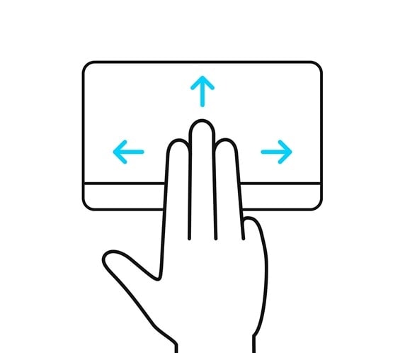 Pokazane są trzy palce przeciągające w górę, w dół, w lewo i w prawo po touchpadzie ErgoSense.