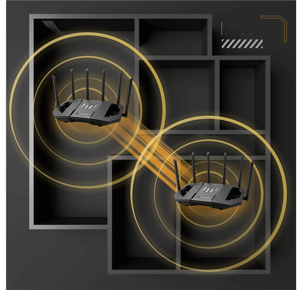 I router TUF Gaming emettono onde arancioni l'uno verso l'altro attraverso le pareti in una configurazione domestica.
