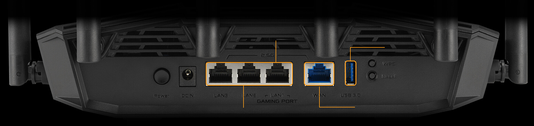 TUF Gaming BE9400 è dotato di una porta dedicata al gaming, 3 porte LAN, 1 porta WAN e USB 3.0.