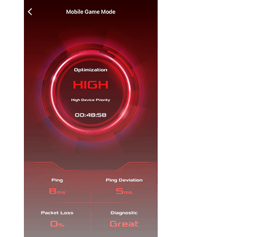 La schermata della modalità Mobile Game mostra un livello di ottimizzazione elevato con ping di 8 ms, deviazione del ping di 5 ms, perdita di pacchetti dello 0% e stato diagnostico ottimo.
