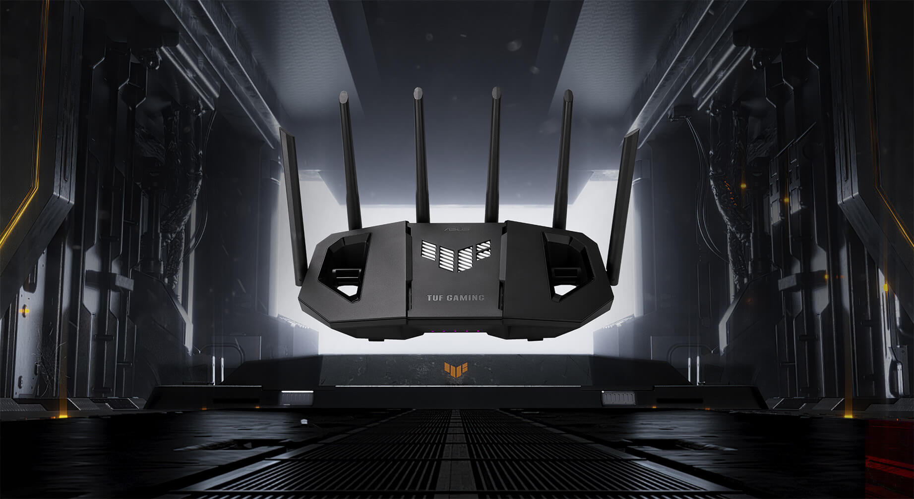 Il router ASUS TUF Gaming BE9400 WiFi 7 è collocato in un ambiente interno futuristico in stile industriale.