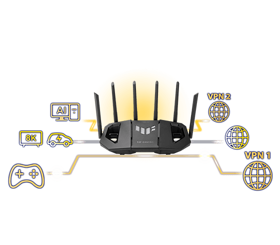 TUF Gaming BE9400 si collega a icone relative a gaming, 8K, AI, automobili e due globi VPN.