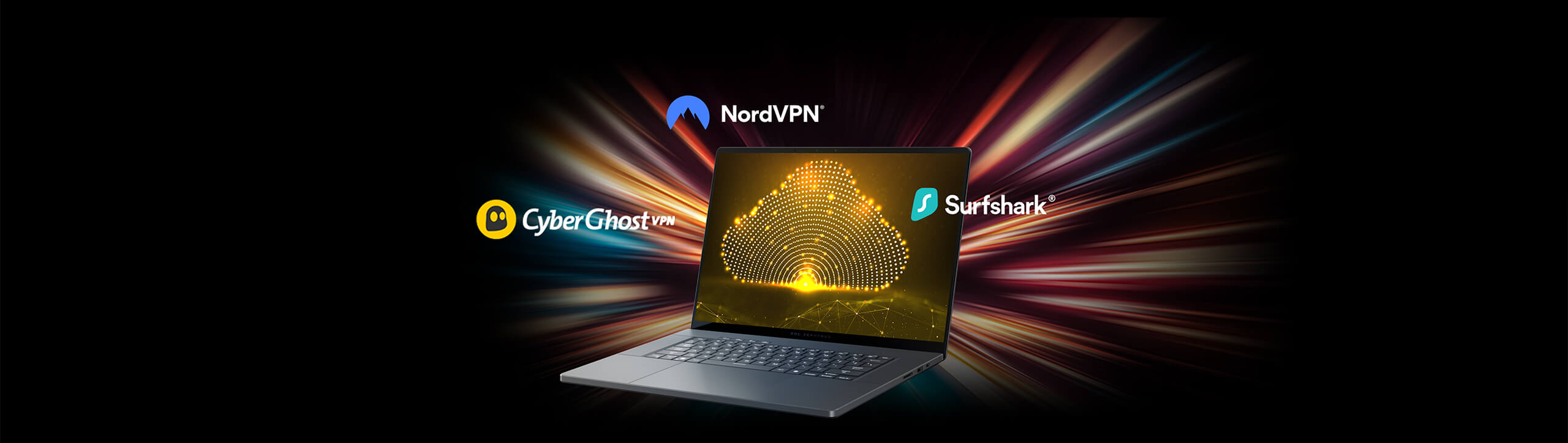 Il laptop mostra una nuvola luminosa, circondata dai loghi di NordVPN, Surfshark e CyberGhost VPN su uno sfondo sfocato dalla velocità.