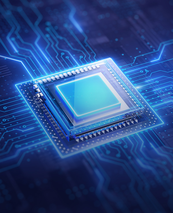 Chipset icon with blue glowing lines to show powerful computing performance